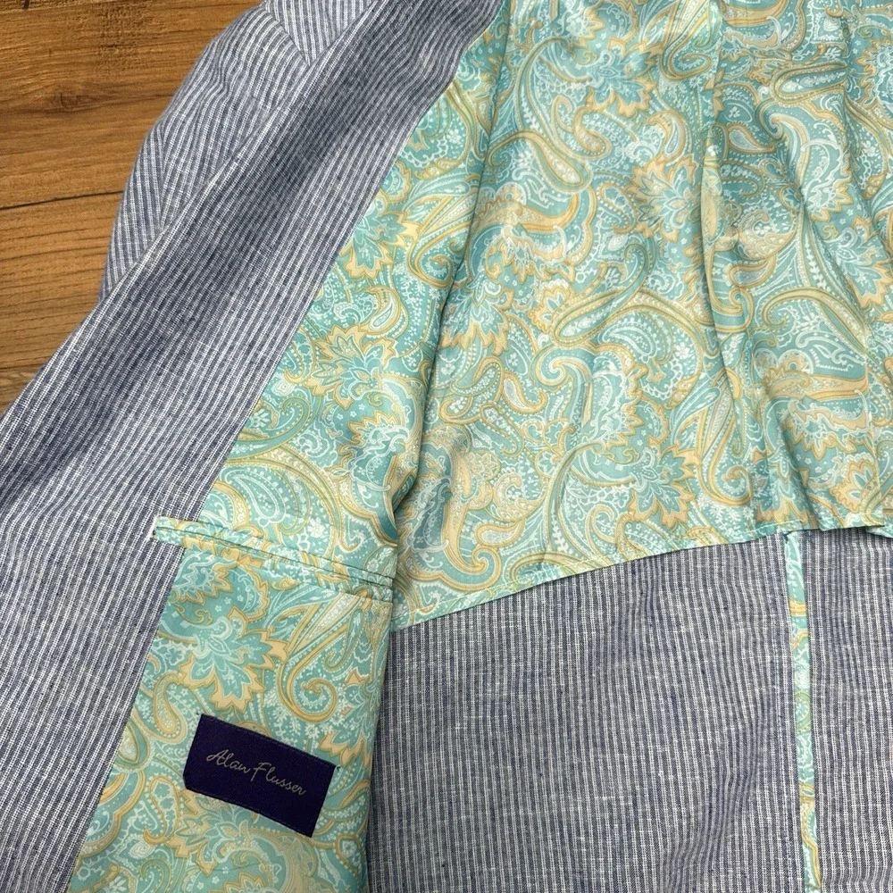 NEW Alan‎ Flusser XL Blue White Striped Linen Blend Blazer Jacket Preppy Paisley